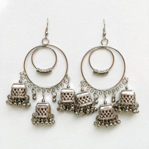 Silver dangle hoop jhumki with silver color beads for women by mapanache