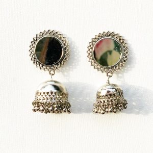 Silver dangle mirror jhumki with silver color beads for women by mapanache for women