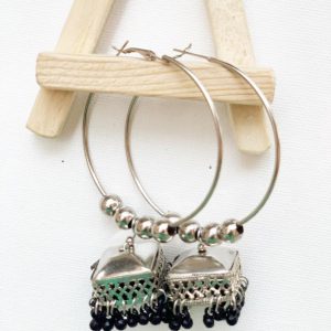 Silver jhumki hoop bali with black-color beads for women by mapanache
