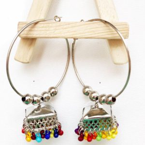 Silver jhumki hoop bali with multi-color beads