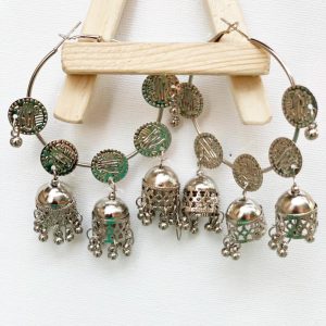Oxidized silver-plated silver beaded handcrafted dome shaped jhumkas