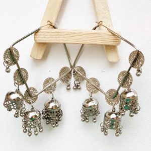Oxidized silver-plated silver beaded handcrafted dome shaped jhumkas with square hoops bali