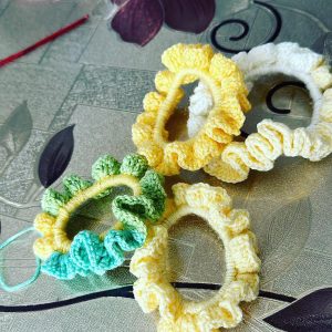 Yellow Green Handmade Crochet Scrunchies for Women and Girls.