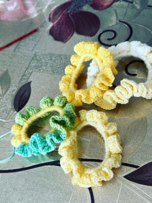 Yellow Green Handmade Crochet Scrunchies for Women and Girls.