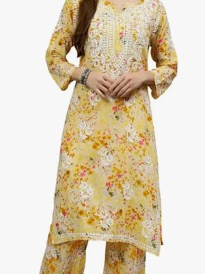 yellow-lukhnavi-mulmul-chikenkari-floral-kurta-set-for-women